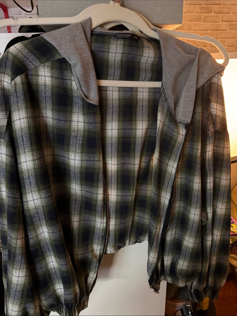 SHEIN Green Black Plaid Hooded Bomber Jacket